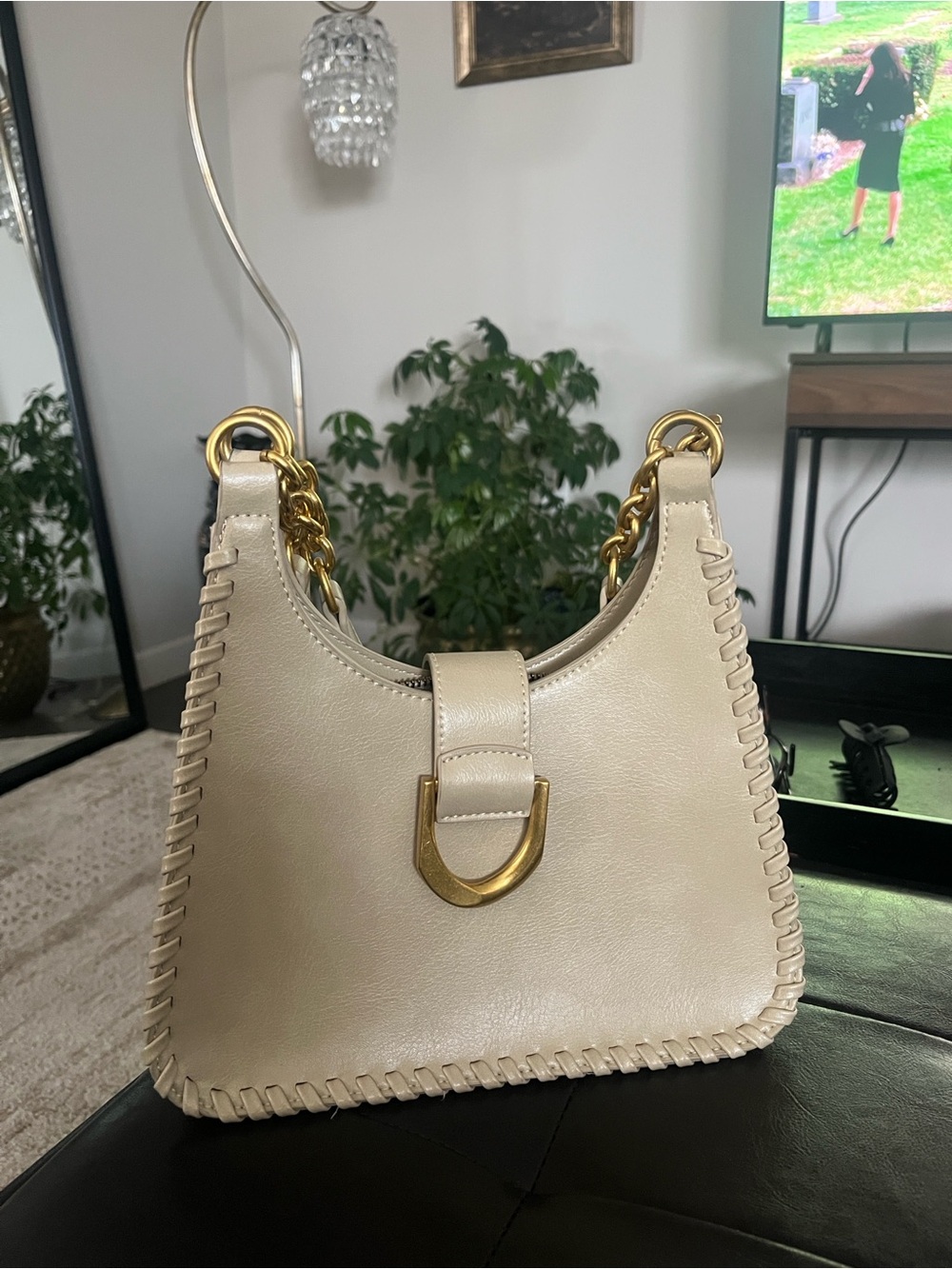 Women's Cream Leather Shoulder Bag with Gold Hardware